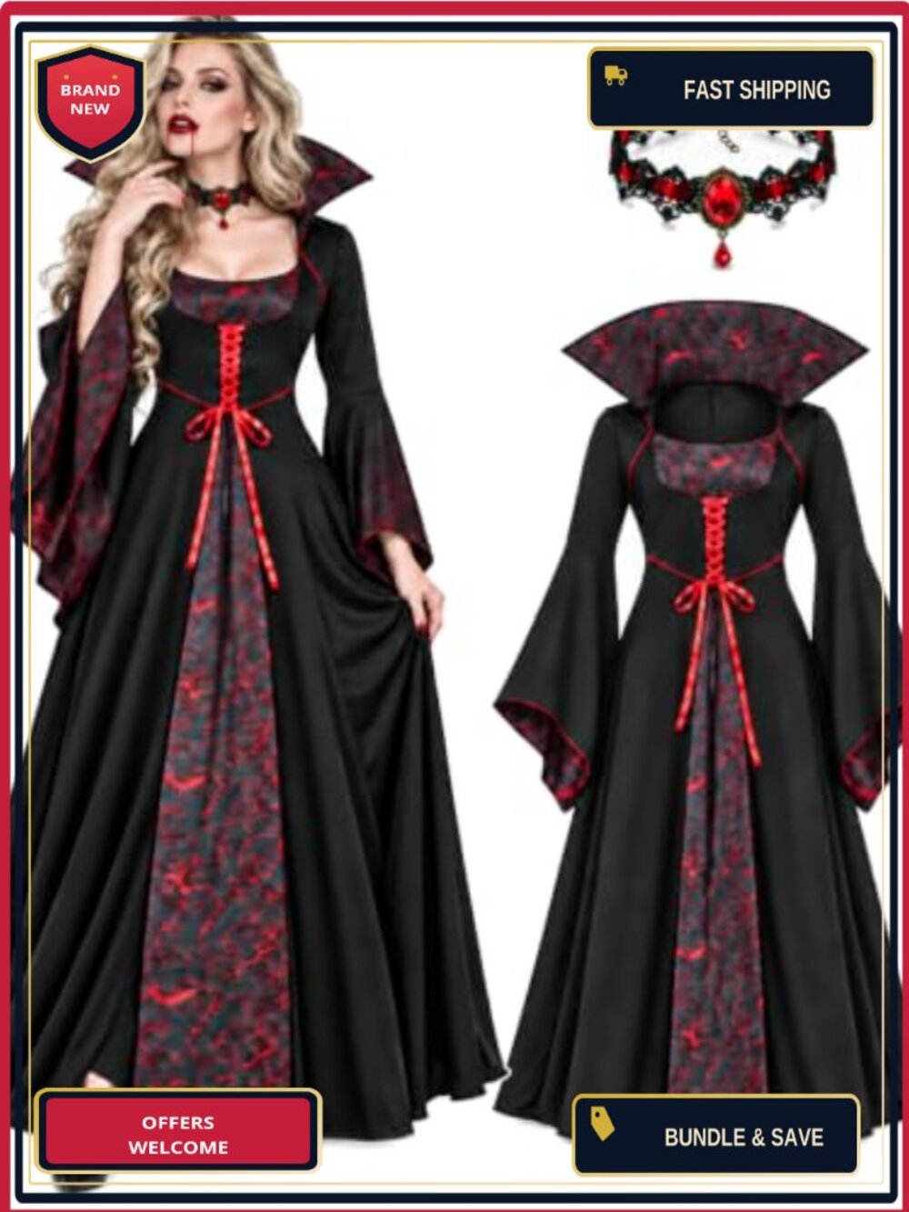 Vampire Costume Women Gothic Stand-Up Collar Vampiress Dress with Choker